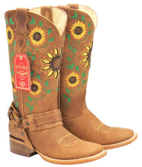 Botas Vaqueras de Cuero con Girasoles para Mujer en Horma Rodeo