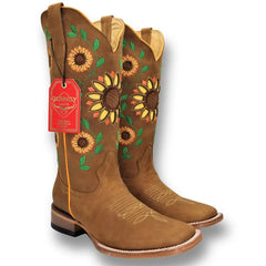 Botas Vaqueras de Cuero con Girasoles para Mujer en Horma Rodeo