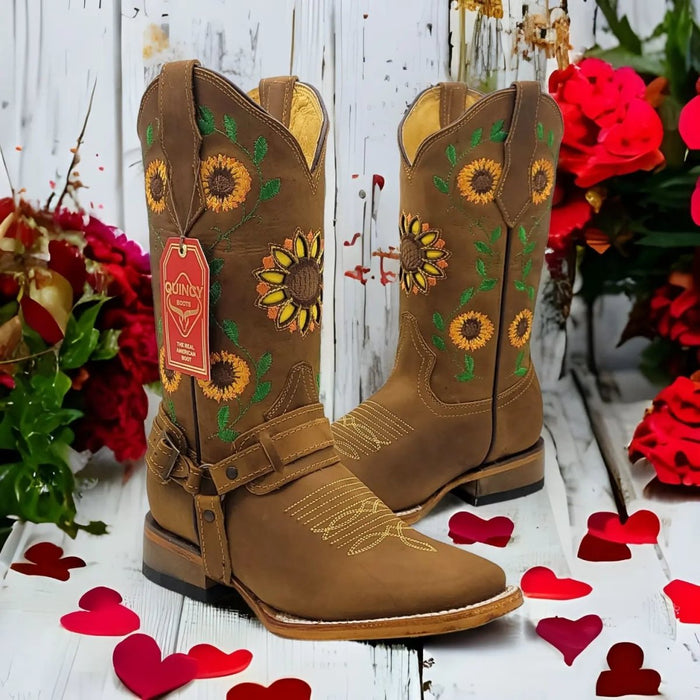 Botas Vaqueras de Cuero con Girasoles para Mujer en Horma Rodeo