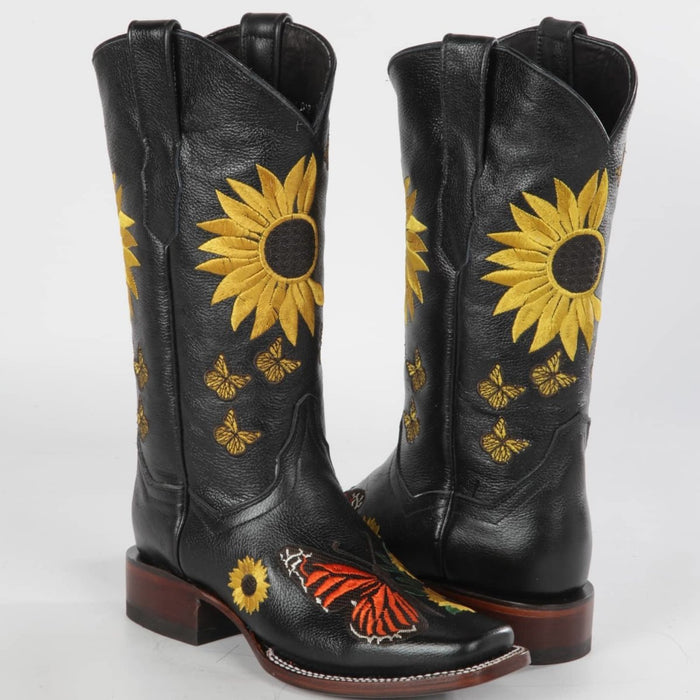 Botas Vaqueras de Cuero con Girasoles para Mujer en Horma Rodeo