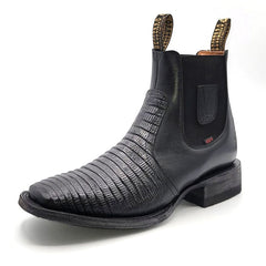 El Besserro Men's Lizard Print Square Toe Ankle Boots Black