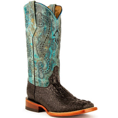 Botas de punta cuadrada Stampede de Ferrini para mujer con estampado de cocodrilo, color negro y verde azulado