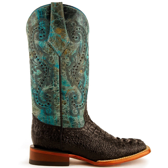 Botas de punta cuadrada Stampede de Ferrini para mujer con estampado de cocodrilo, color negro y verde azulado