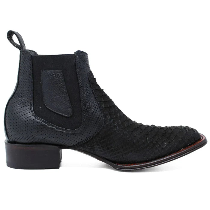 Los Altos Men's Genuine Python Skin Square Toe Ankle Boots - Black