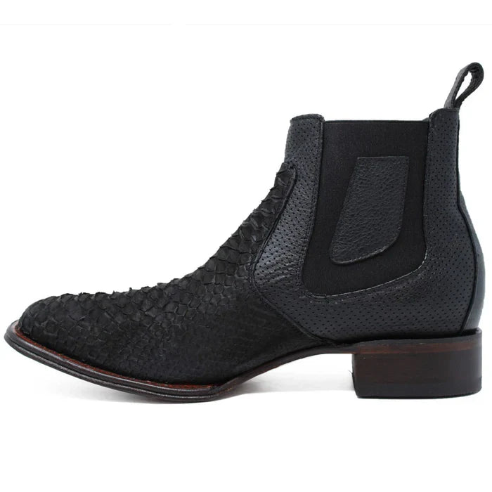 Los Altos Men's Genuine Python Skin Square Toe Ankle Boots - Black