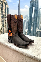 Men's Caiman Belly Print Dubai Toe Leather Boots - Chocolate