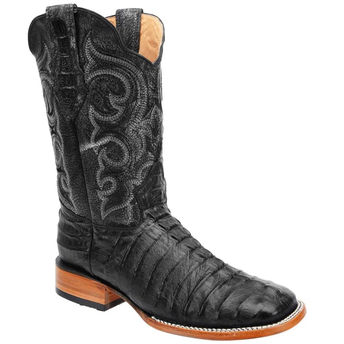 Men's Caiman Tail Print Leather Square Toe Boots - Black