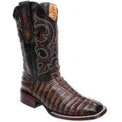 Men's Caiman Tail Print Leather Square Toe Boots - Dark Brown