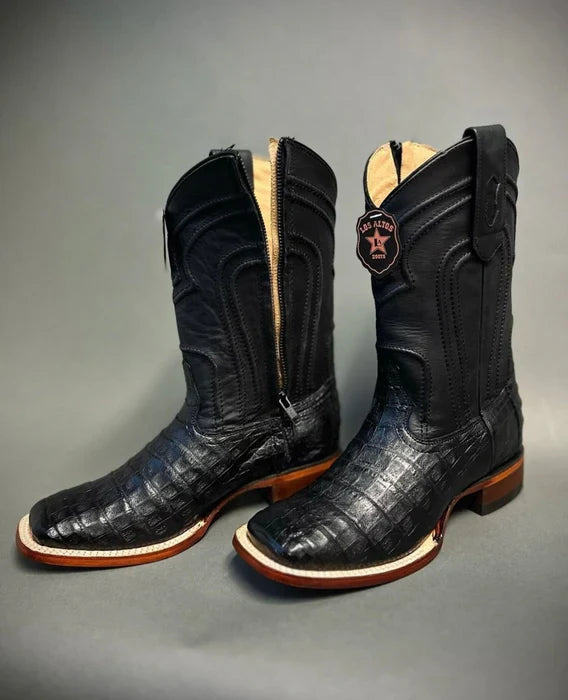 Botas de punta cuadrada con cremallera Los Altos Caiman Belly para hombre, color negro