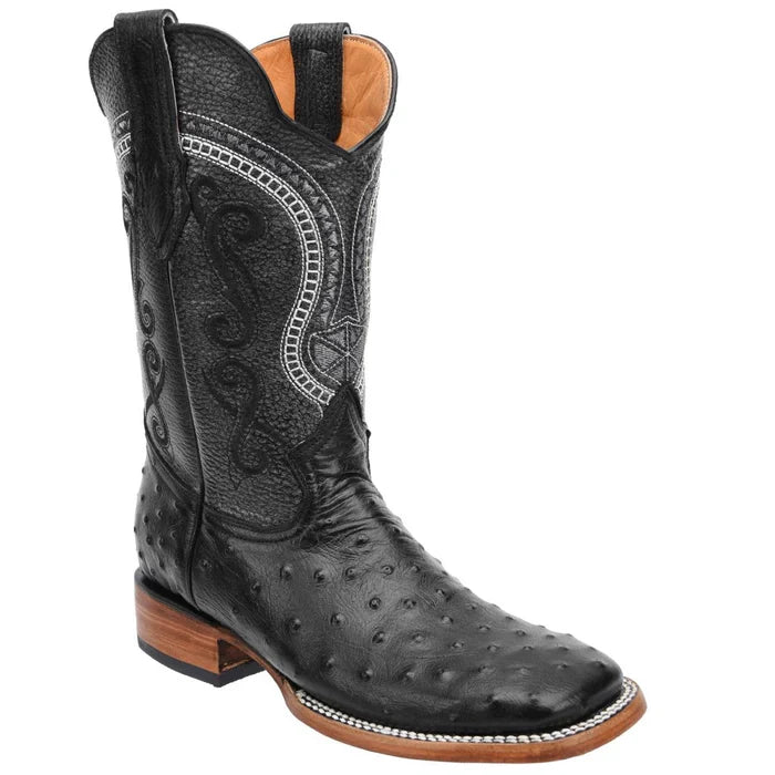 Botas de piel con punta cuadrada y estampado de avestruz para hombre, color negro