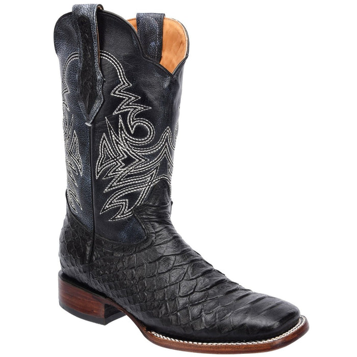 Men's Python Print Leather Square Toe Boots - Black