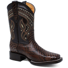 Men's Python Print Leather Square Toe Boots - Brown