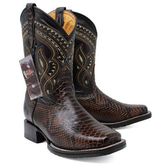 Men's Python Print Leather Square Toe Boots - Brown