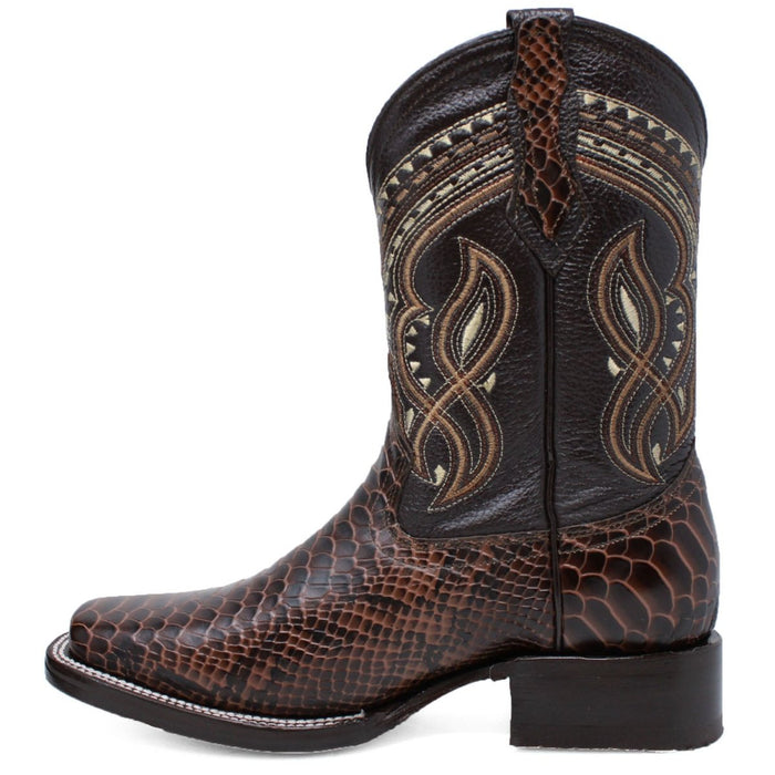 Men's Python Print Leather Square Toe Boots - Brown