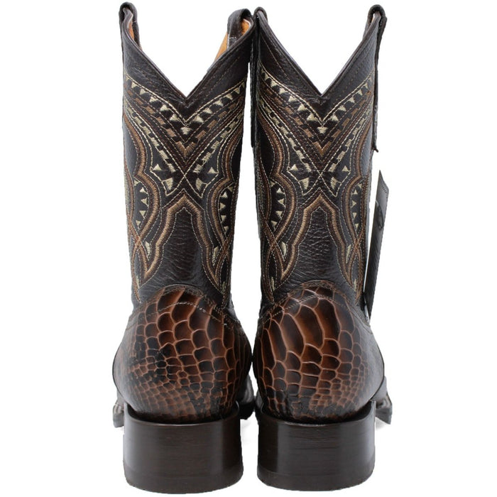 Men's Python Print Leather Square Toe Boots - Brown