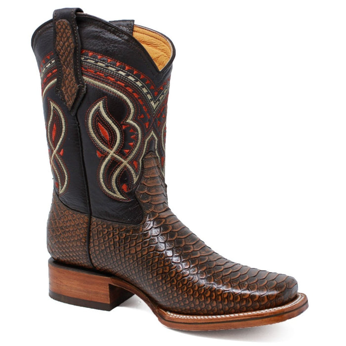 Men's Python Print Leather Square Toe Boots - Honey