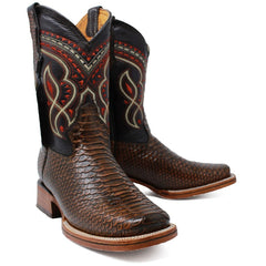 Men's Python Print Leather Square Toe Boots - Honey