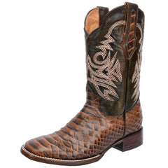 Men's Ostrich Print Leather J-Toe Boots - Cognac