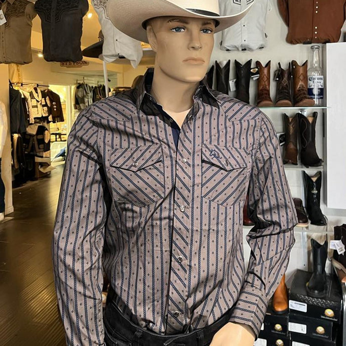 Men's White Diamonds Long Sleeve Dark Grey Stripes Western Shirt