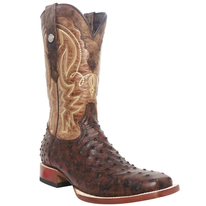 Tanner Mark Men's Big Cabin Print Ostrich Square Toe Boots Chocolate