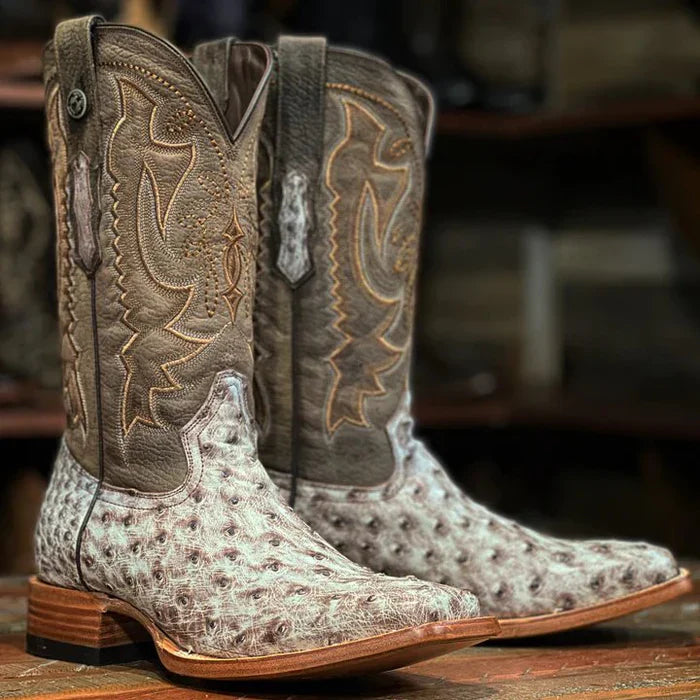 Botas de piel de avestruz con punta cuadrada y tachuelas "Bois D'Arc" de Tanner Mark para hombre, color marrón claro