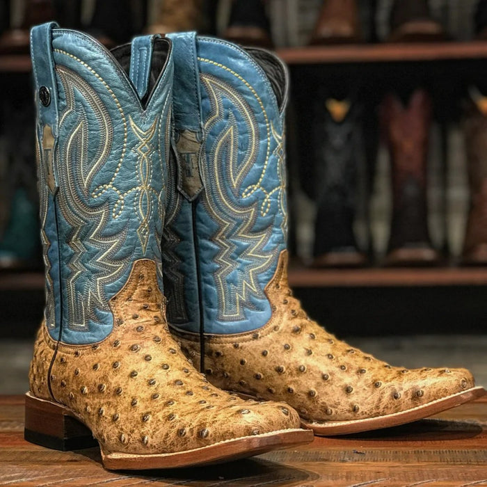 Botas de punta cuadrada de avestruz con estampado Cooper para hombre de Tanner Mark, color rústico mate Orix