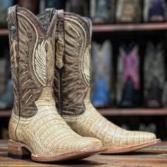 Tanner Mark Men's Genuine Caiman Belly Square Toe Boots Antique Saddle