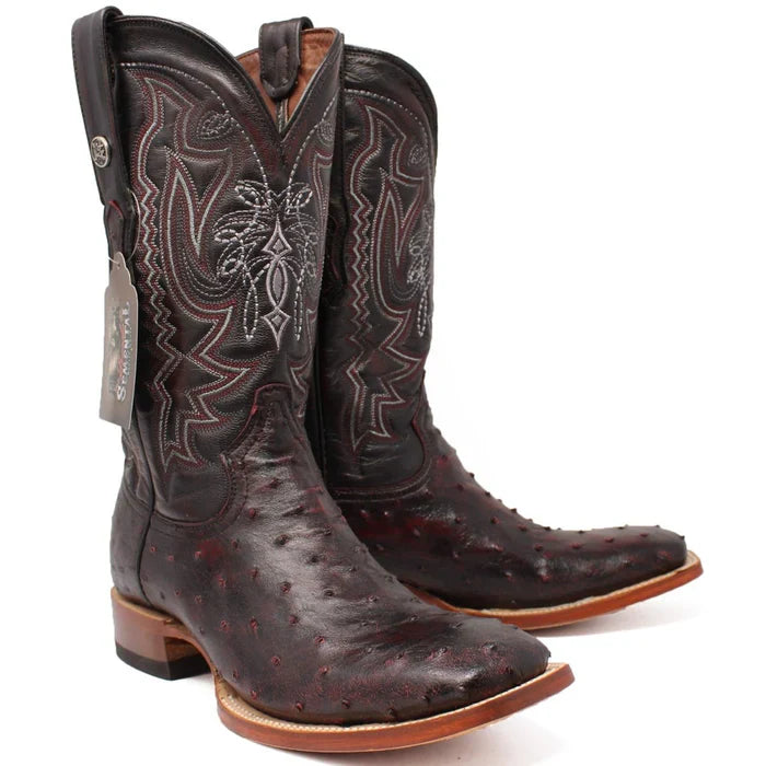 Tanner Mark Men's Genuine Full Quill Ostrich Square Toe Boots Black Cherry