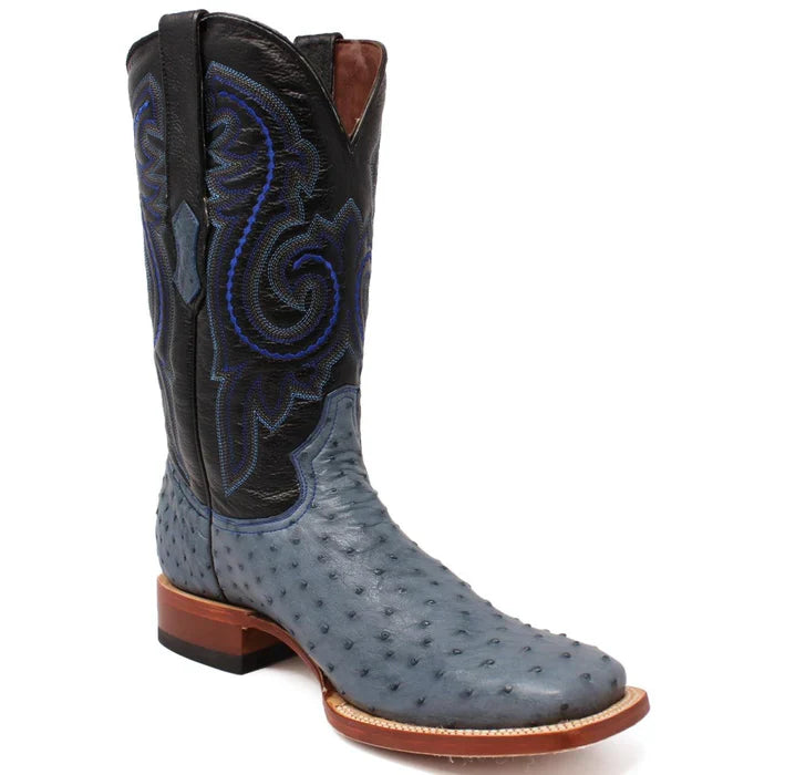 Tanner Mark Men's Genuine Full Quill Ostrich Square Toe Boots Blue Jean