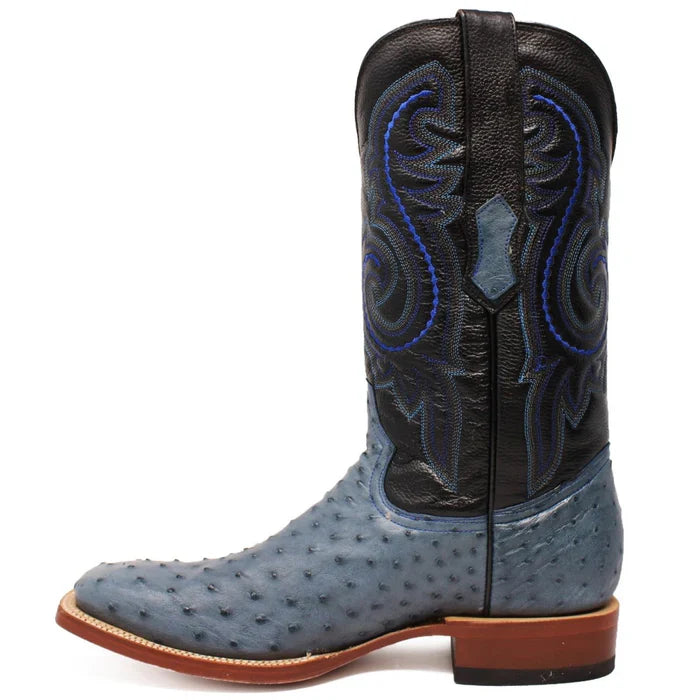 Tanner Mark Men's Genuine Full Quill Ostrich Square Toe Boots Blue Jean