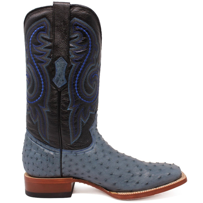 Botas de punta cuadrada de piel de avestruz auténtica de Tanner Mark para hombre, color azul jean