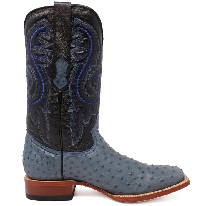 Tanner Mark Men's Genuine Full Quill Ostrich Square Toe Boots Blue Jean