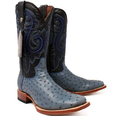 Tanner Mark Men's Genuine Full Quill Ostrich Square Toe Boots Blue Jean