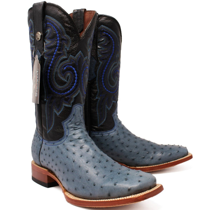 Botas de punta cuadrada de piel de avestruz auténtica de Tanner Mark para hombre, color azul jean