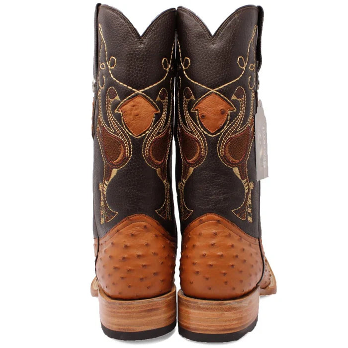 Tanner Mark Men's Genuine Full Quill Ostrich Square Toe Boots Cognac