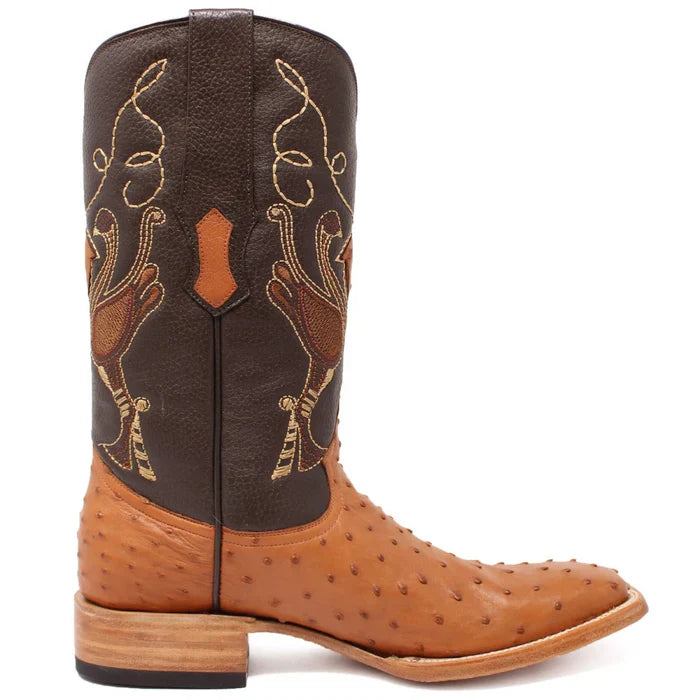 Tanner Mark Men's Genuine Full Quill Ostrich Square Toe Boots Cognac