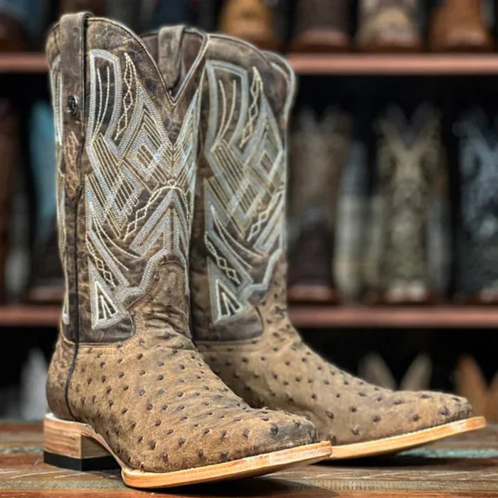 Tanner Mark Men's Genuine Full Quill Ostrich Square Toe Boots Light Brown