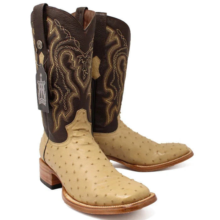 Tanner Mark Men's Genuine Full Quill Ostrich Square Toe Boots Oryx