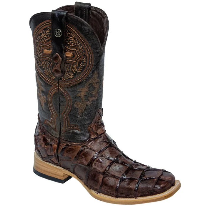 Tanner Mark Men's Genuine Monster Fish Leather Square Toe Boots Chocolate