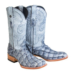 Tanner Mark Men's Genuine Monster Fish Square Toe Boots Blue