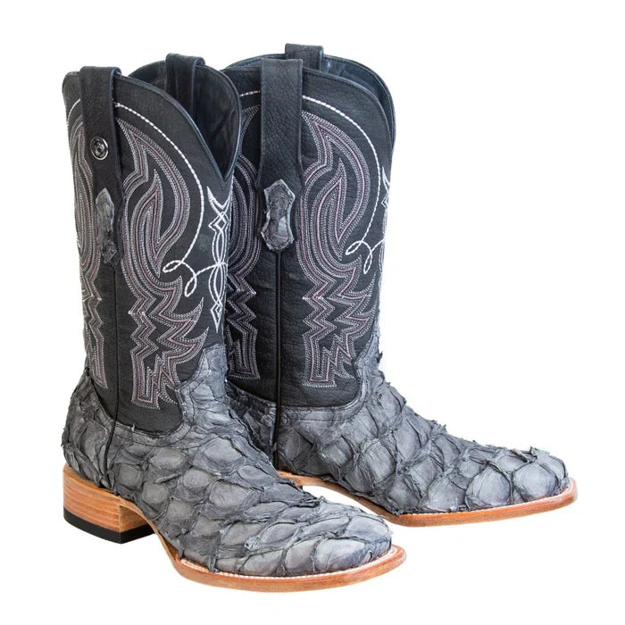 Tanner Mark Men's Genuine Monster Fish Square Toe Boots Grey