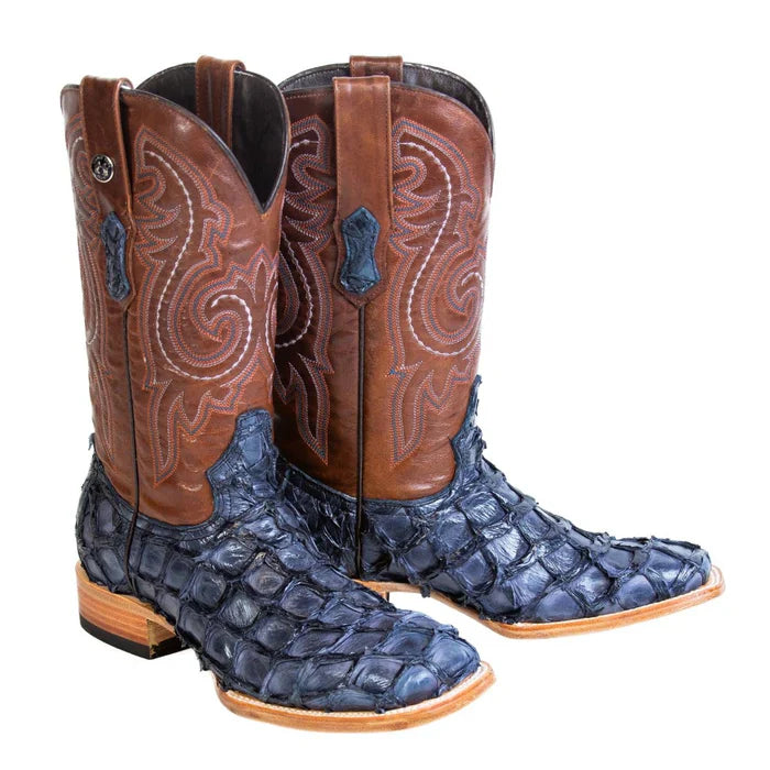 Tanner Mark Men's Genuine Monster Fish Square Toe Boots Navy Blue