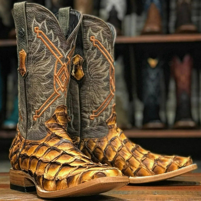 Botas de punta cuadrada con diseño de pez Monster de cuero genuino para hombre de Tanner Mark Brandy