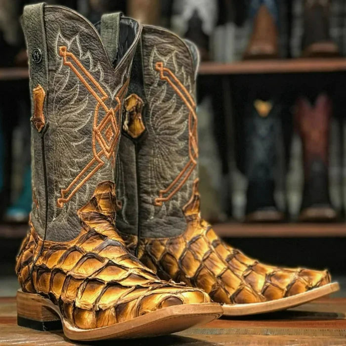 Tanner Mark Men's Genuine Monster Leather Fish Square Toe Boots Brandy