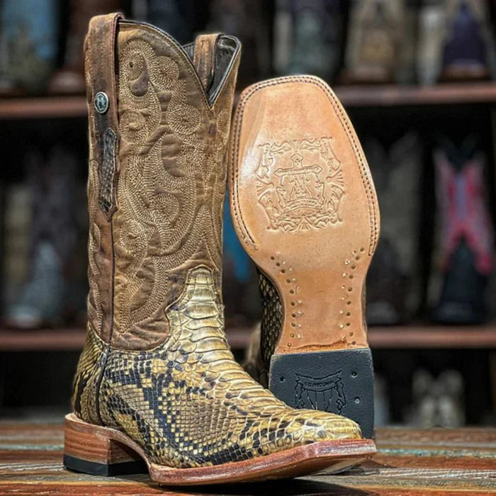 Tanner Mark Men's Genuine Python Square Toe Boots Antique Saddle