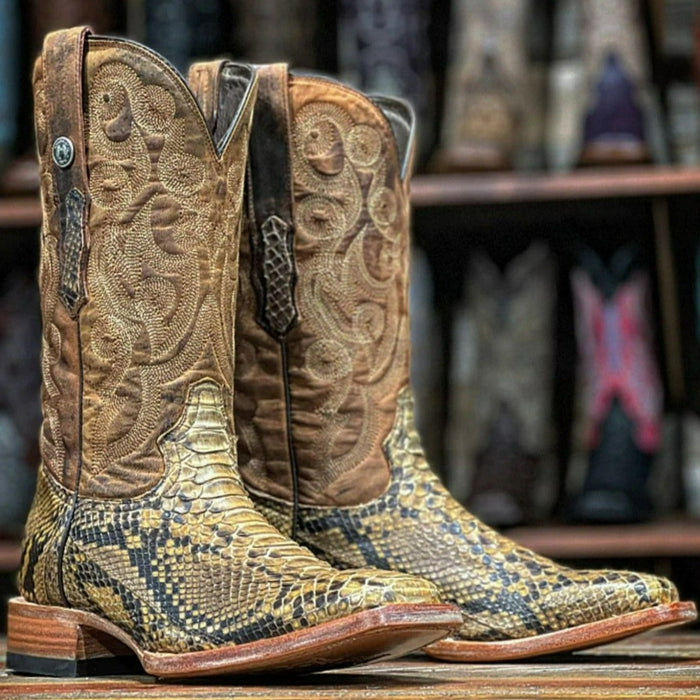 Botas de punta cuadrada de piel de pitón auténtica para hombre de Tanner Mark, estilo silla de montar antigua