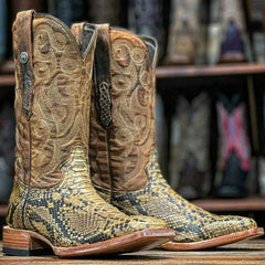 Tanner Mark Men's Genuine Python Square Toe Boots Antique Saddle