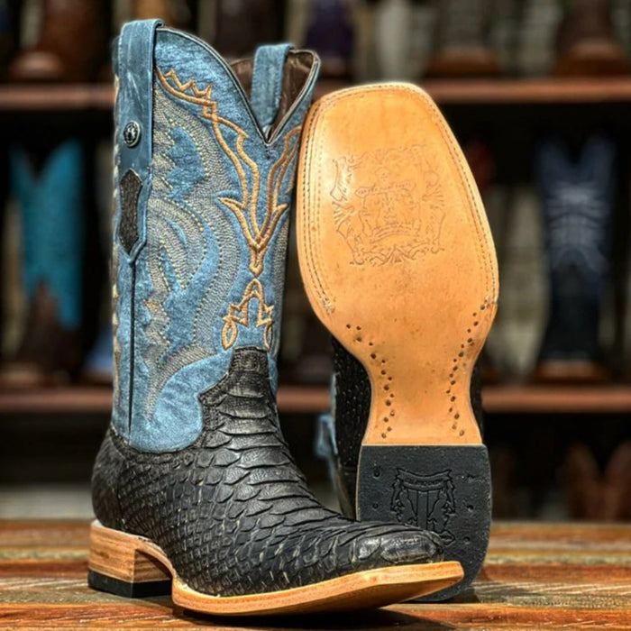 Botas de punta cuadrada de piel de pitón auténtica para hombre de Tanner Mark en marrón mate