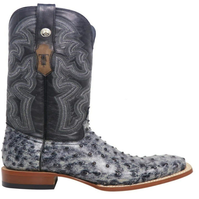 Botas de punta cuadrada de avestruz con estampado Guthrie de Tanner Mark para hombre, color negro rústico