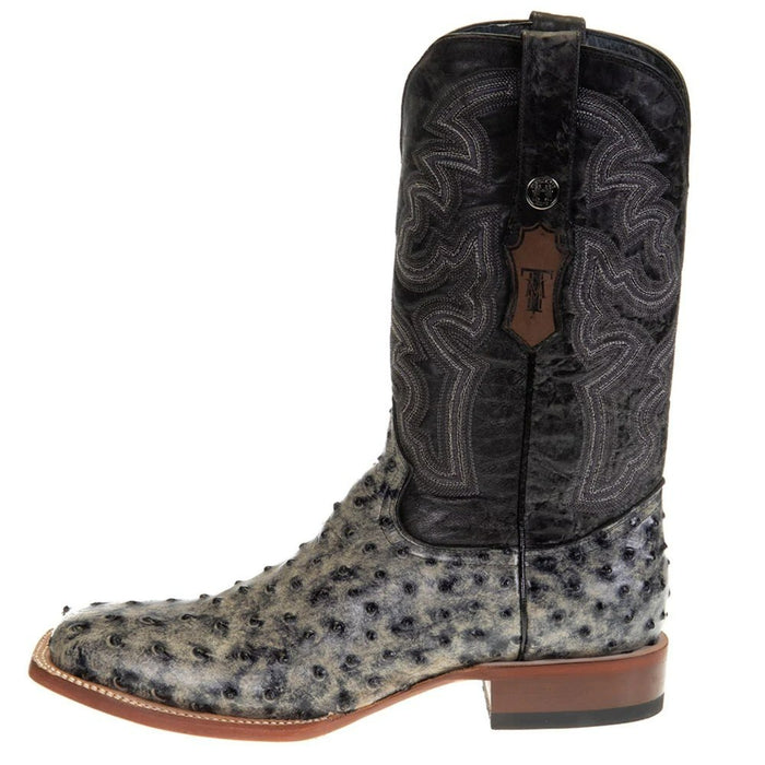 Botas de punta cuadrada de avestruz con estampado Guthrie de Tanner Mark para hombre, color negro rústico